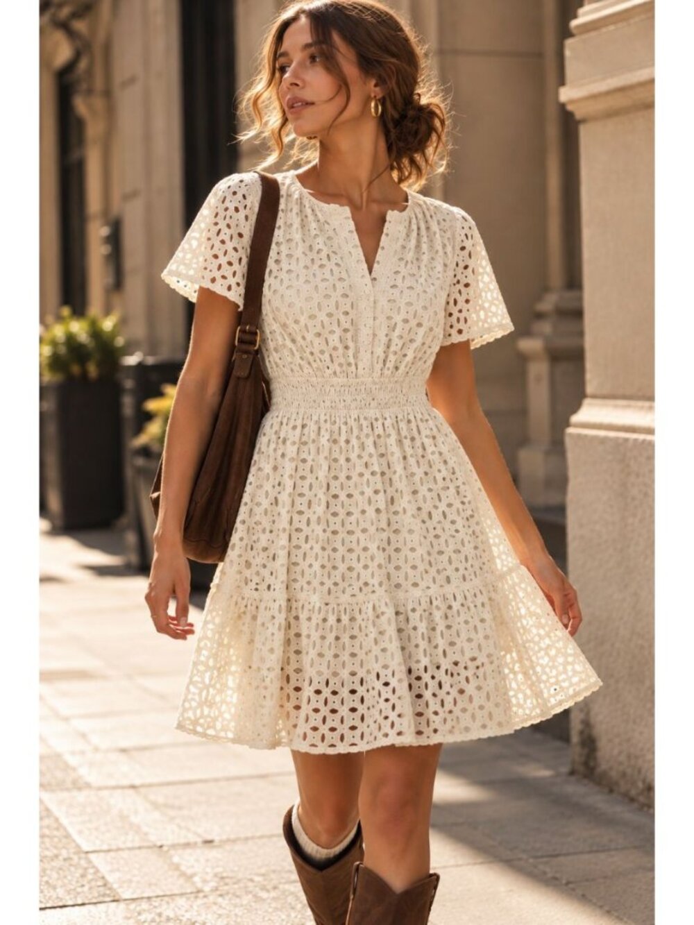 Pretty Garden Beige Short Sleeve Eyelet Elastic Waist Dress XL Cottagecore